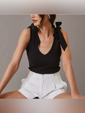 Maeve by Anthropologie White Tie-Shoulder Ribbed Tank Top